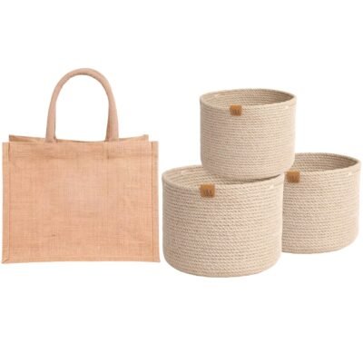 VOLIRIN & KAMMV Round Woven Storage Basket & Jute Tote Bag – Multipurpose Storage Setven Storage