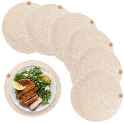 Set of 6 Round Woven Placemats 100% Natural Jute, Nonslip Round Placemats 15 Inches Round Farmhouse, Jute Placemats for Dining Table Placemats Set of 6 (6, Bleached)